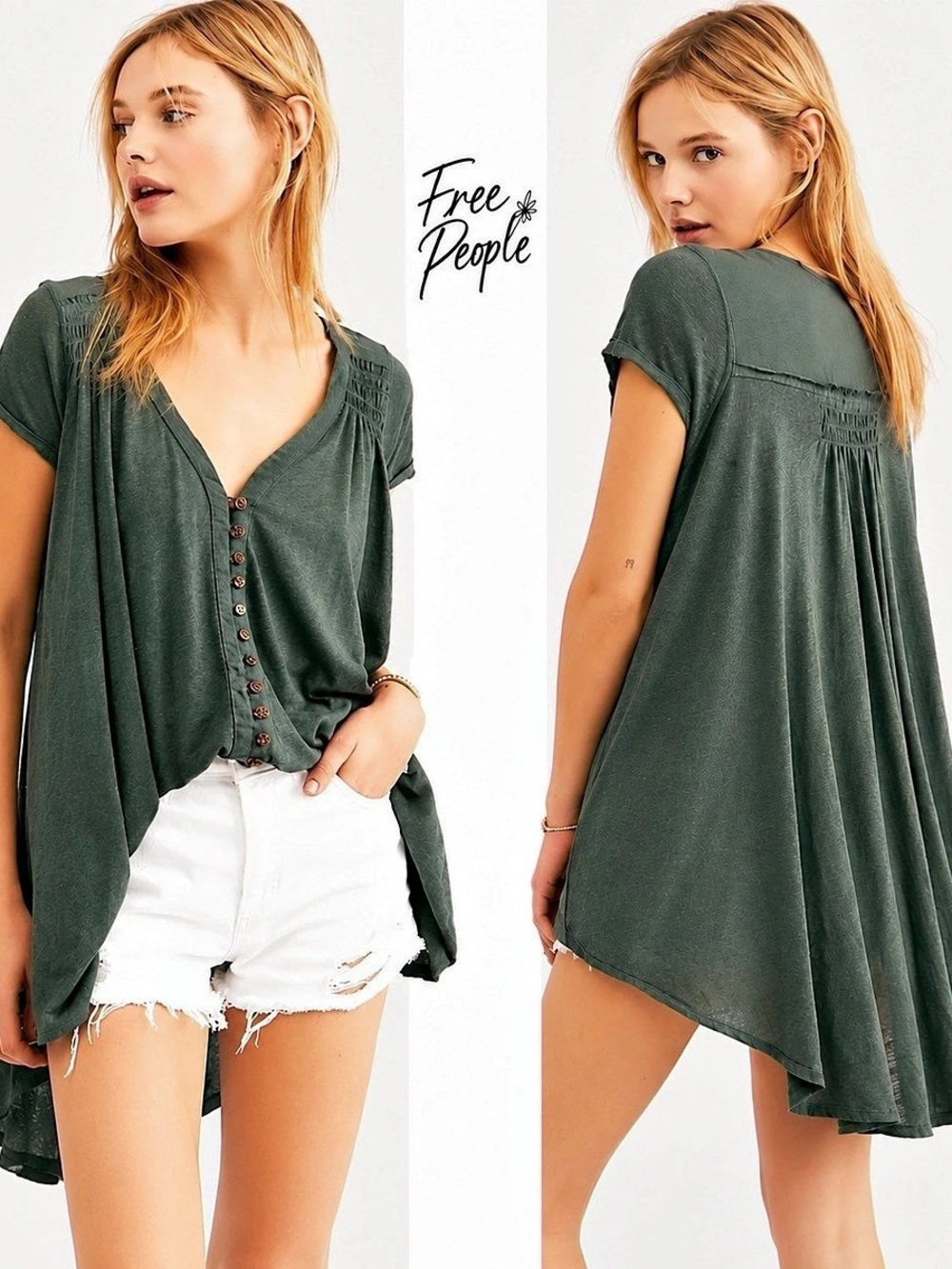 Free People Oversized Highland Tee T Shirt Button Front Army Green Size M